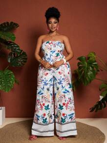 Maweii 大码女式全身印花不对称下摆抹胸上衣和阔腿裤套装 - 彩色 - 查看 4