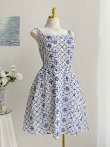 SHEIN EZwear Plus Size Vacation All-Over Print Square Neck Sleeveless Casual Dress - Blue - View 5