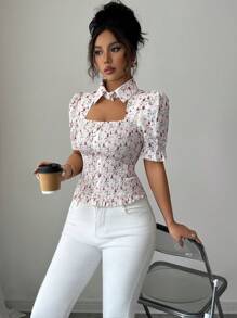 Elenzga 女式碎花泡泡袖修身马球领衬衫 - 彩色 - 查看 4