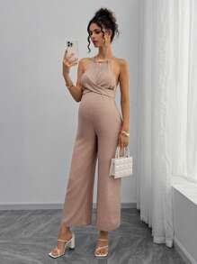 Momance 孕妇装木珠领口系带后背蝴蝶结连体长裤