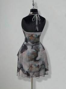 SHEIN ICON Mesh Print See-Through Asymmetrical Hem Halter Neck Tie Mini Dress,Club Outfits Women Sexy,Boho Clothes Women