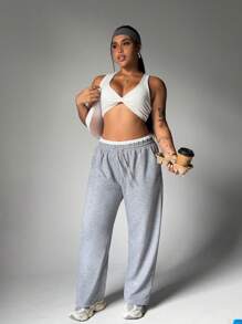 女式加大码撞色松紧腰带抽绳宽松直筒裤口袋休闲运动裤