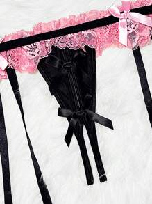 SHEIN 1pc Women Contrast Lace Bow Decorated Sexy Suspender Pantyhose - Pink - View 6