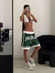 StreetHx 女式街头字母印花抽绳腰部宽松运动短裤 - 綠色 - 查看 1