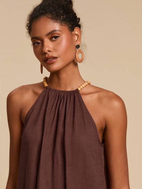 Travachic Vestido de cuello halter decorado con cuentas de moda para vacaciones de mujeres, atuendos de vacaciones de mujer, atuendos de vacaciones, atuendos de playa de verano, vestidos de verano para mujer, vestidos de verano
