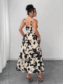 Elenzga Robe à bretelles fines avec volants et imprimé floral, convient pour les grandes tailles. Idéal pour les vacances à la plage - Nude - Voir 2