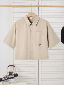 SHEIN 青少年男孩休闲短袖口袋黑色衬衫，运动街头服饰朋克摇滚学校派对外出音乐节服装，适合春夏季 - 卡其色 - 查看 8