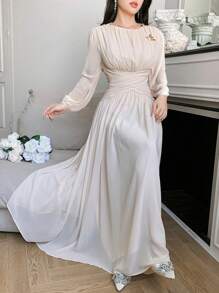 Feyla 女士优雅纯色交叉腰灯笼袖连衣裙 - 杏色 - 查看 5