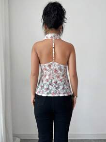 Elenzga Women Rose Floral Print Lace Back Pearl Decor Halter Neck Top - Multicolor - View 2