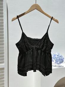 Comfortcana 女式夏季蕾丝拼布吊带背心夏季上衣 - 黑色 - 查看 6