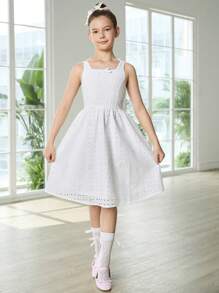 SHEIN Váy ba lê vải tuyn trắng cho bé gái tuổi teen, váy nhiều lớp thêu rỗng dệt, váy thắt eo có dây kéo phía sau, phong cách sinh viên thành thị thanh lịch và thoải mái, giản dị ngoài trời - trắng - Xem 3