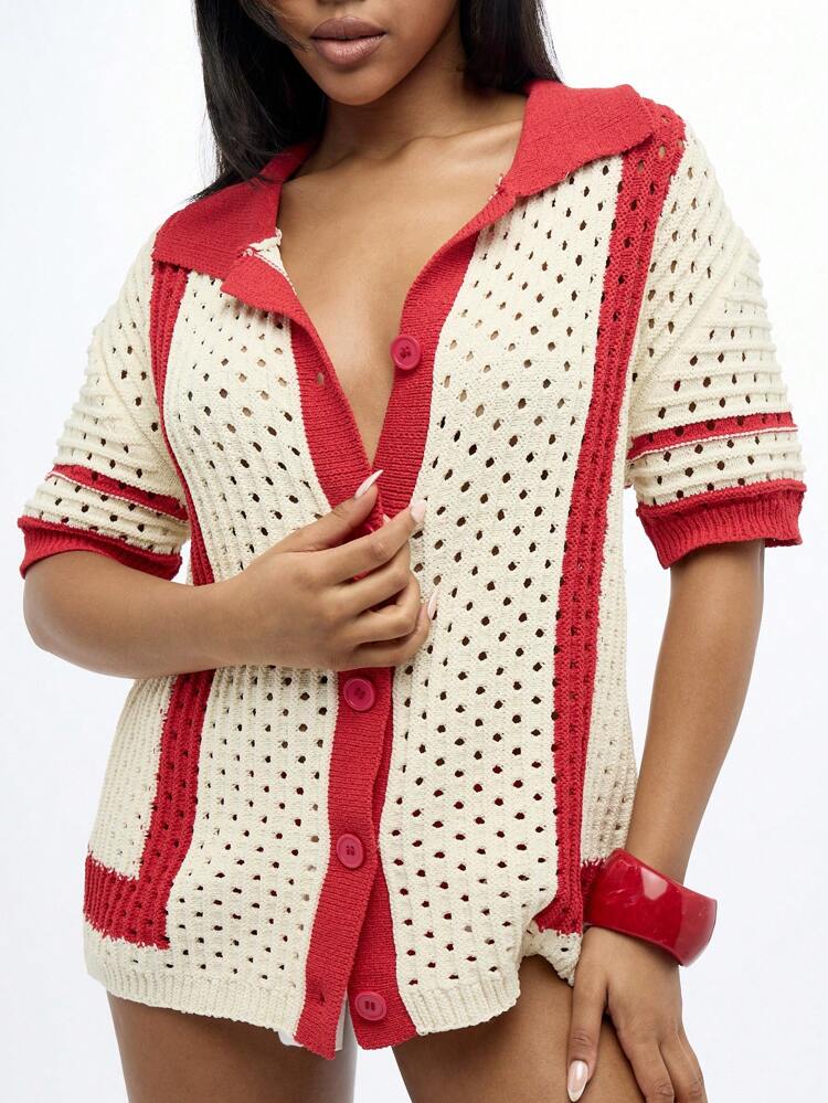 SUMWON WOMEN Retro Style Button Down Crochet Knit Top