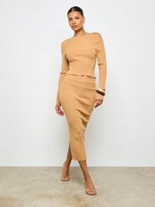 AiiRZ Débardeur côtelé tricoté à épaules dénudées avec détail de bouton. Manches longues ajustées, récolte. Style hivernal automnal, casual et élégant classique - Tabac - Voir 4