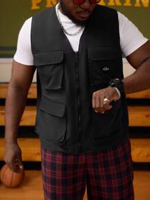 EASEVO 男士加大码编织登山背心，无袖开襟背心，适合登山和户外活动，纯色时尚外出加大码字母工装背心，适合秋冬 - 深灰色 - 查看 6