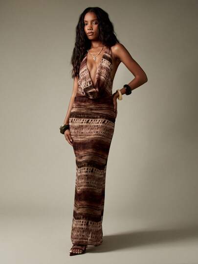 MISSGUIDED Animal Print Halter Deep V-Neck Backless Chiffon Maxi Dress MISSGUIDED