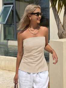 Women Summer Casual Solid Color Pleated Slim Fit Tube Top - Apricot - View 3