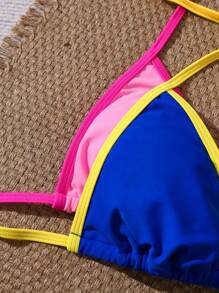 SHEIN Swim 4pcs Women's Sexy Two-Tone Halter Tie Up Bikini Set, Beach Pool Party Vacation Swimsuit, Spring/Summer - Multicolor - View 4
