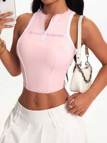 SHEIN Sovereign Charm Canotta sportiva da donna rosa e bianca, aderente, corta, con mezza chiusura lampo, ideale per yoga e allenamento, perfetta per l'estate, palestra e tempo libero. - Rosa - Visualizzare 2