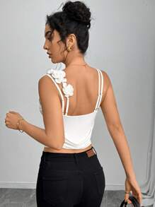 SHEIN Clasi Standard Size Women Design Floral Strap Slim Back Tank Top - White - View 5
