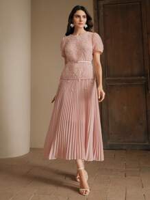 Anewsta 女士优雅约会之夜短袖褶皱泡泡袖花卉串珠长裙，腰部细节，面料拼接，春夏节/毕业 - 粉色 - 查看 5