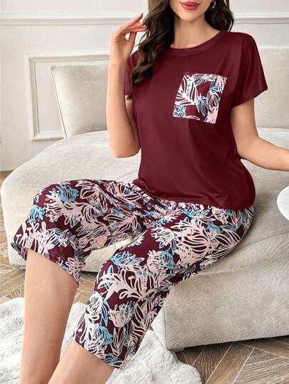 Snug Zone Contrast Pocket Floral Print Short Sleeve And Crop Pants 2 Pieces Set Women Pajama Set Pj Sets For Women Short Sleeve Women Lounge Wear Sets Summer Pajama Sets For Women Women Sleep Wear Set