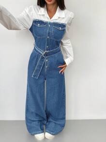 SHEIN ICON Women's Denim Jumpsuit With Adjustable Straps And Long Sleeves, Casual Fitted, Fall Women Clothes - Medium Wash - View 4