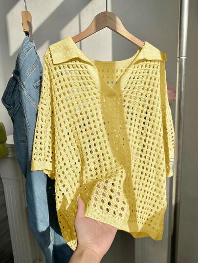 Comfortcana Plus Size Women's Casual Solid Color Hollow Out Collared Short Sleeve Sweater Top, Yellow Summer Top In Fall/Winter