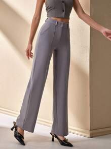 CLARA VERO Women's Solid Color Pintuck Elegant Straight Leg Trousers For Commuting - Grey - View 6