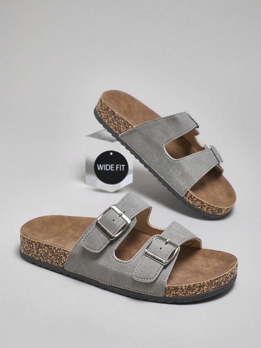 SHUZIA Women Wide-Fit Comfortable, Essential Twin Buckle Cork Footbed Sandals - Grey - View 1