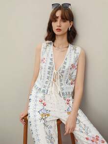 EMERY ROSE 2pcs Women Casual Floral Print Tied Front Sleeveless Shirt And Pants Set - Multicolor - View 3