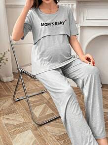 休闲字母印花哺乳孕妇短袖睡衣套装 - 彩色 - 查看 7