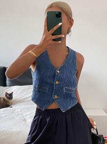 DAZY 女士休闲 V 领几何条纹开衫，度假风格夏季牛仔上衣 - 中等水洗藍 - 查看 4