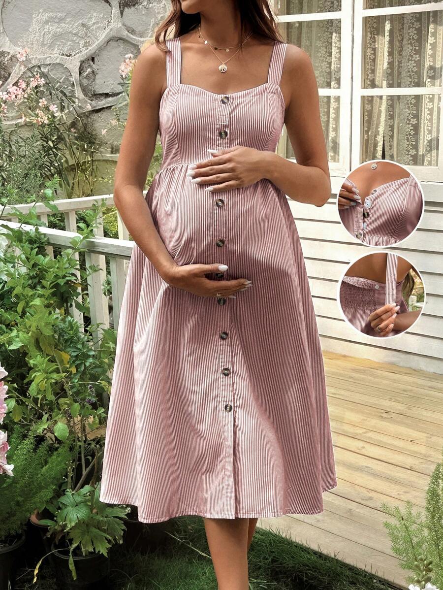SHEIN Maternity Summer Wide Strap Front Button-Up Shirred Striped Adjustable Shoulder Strap Nursing Dress - Brown - View 1