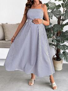 SHEIN Maternity Summer Vacation Style Striped Print Waist Cinching Strap Dress - Blue and White - View 3