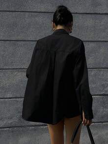 DAZY 女式长袖单排扣休闲宽松牛仔衬衫 - 黑色 - 查看 2