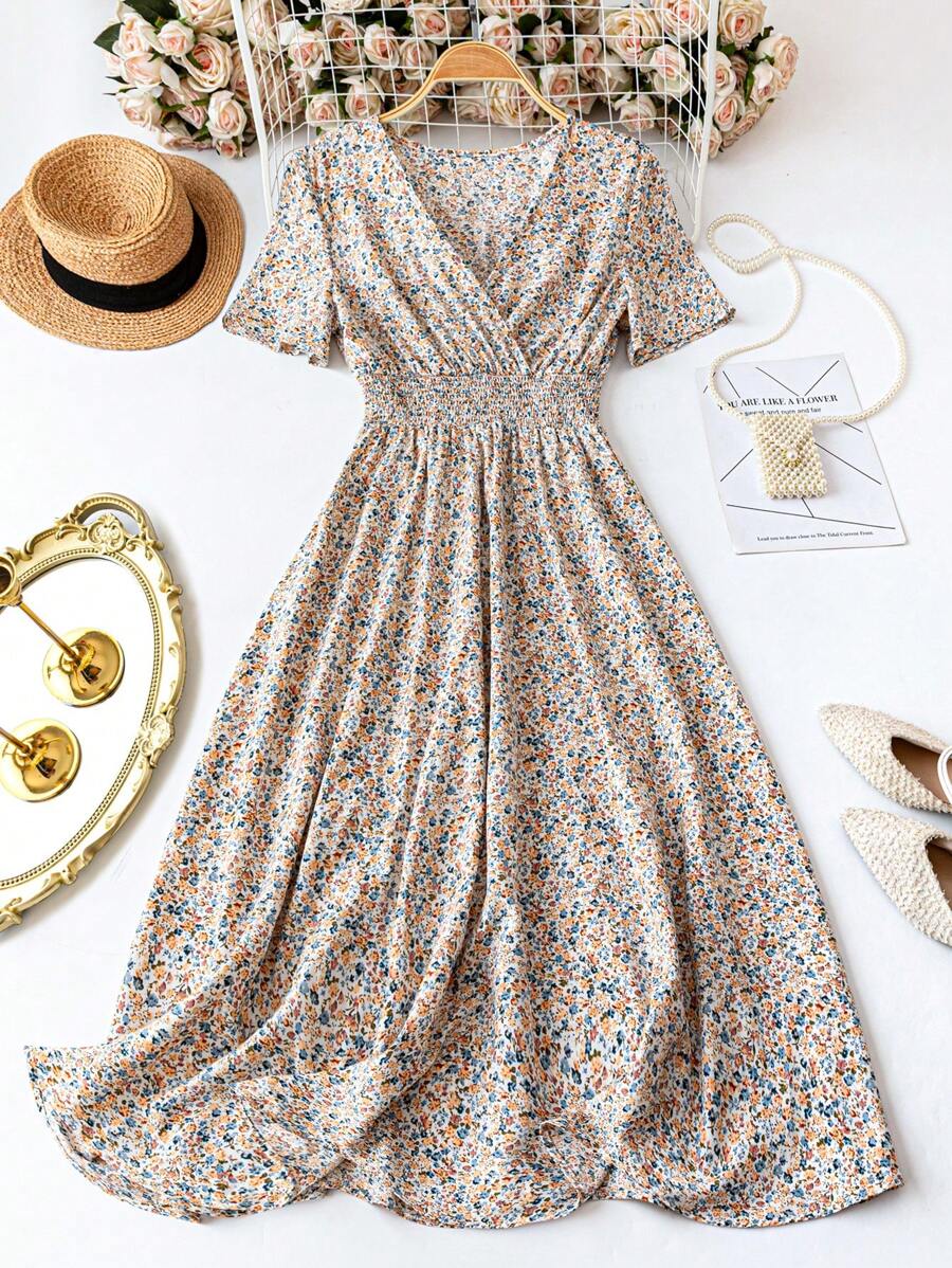 EMERY ROSE 女士休闲短袖印花连衣裙，随意设计长款女装 - 彩色 - 查看 1