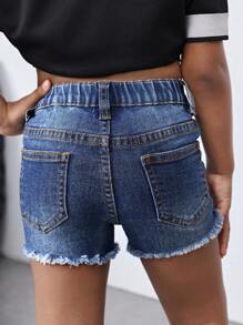 Young Girl' Navy Blue Denim Stretch Ripped Shorts,Kid Girls Spring And Summer Casual Vacation Country Boho Wear, Beach Outfits For Kid Girls,Western Street Wear For Girl,Spring Break Outfits,Rave Outfits Festival Denim Shorts - Dark Wash - View 2