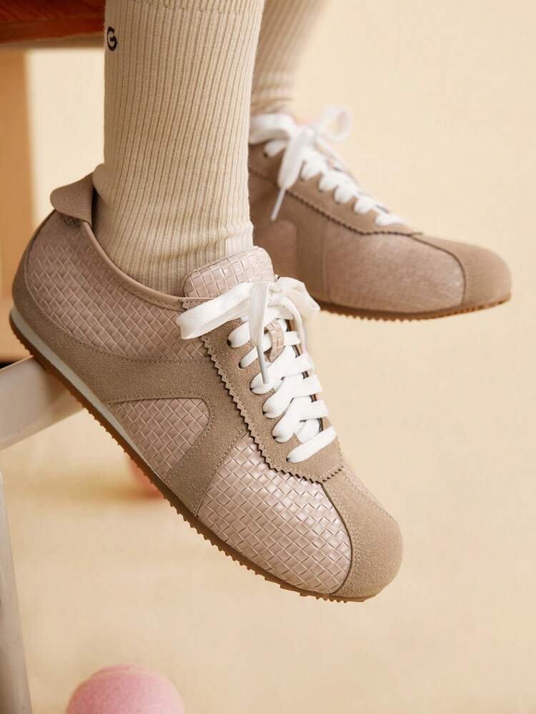 CUCCOO EASI Women's Color Block Round Toe Flat Sneakers, Casual Fashion Comfortable PU Leather Khaki Sporty Shoes For Daily & Outdoor Use