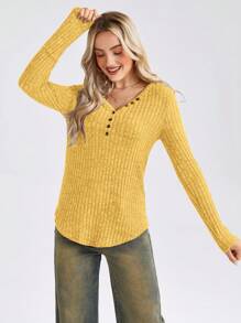 SHEIN LUNE Camiseta casual de mujer de manga larga con cuello en V y botones de unicolor para el otoño