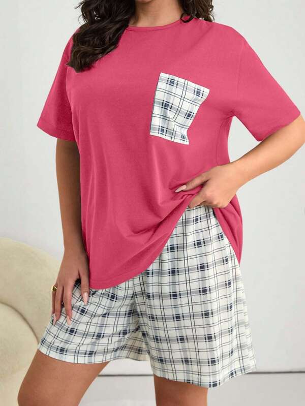 RueChic Set pijamale pentru femei, mărime plus, cu mânecă scurtă, în carouri, cu buzunare, cămașă cu mânecă scurtă și pantaloni scurți în carouri, pentru casă