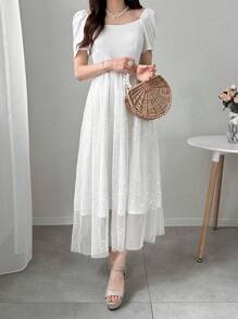 FRIFUL Women's Fashionable Romantic Sweet Mesh Panel Crew Neck Short Sleeve Dress - White - View 6