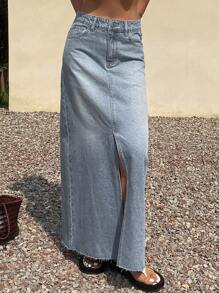 Livesso Summer New Music Festival Loose Casual Beach Vacation Style Women Skirt Jeans Skirt - Light Wash - View 4