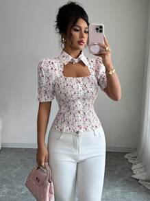 Elenzga 女式碎花泡泡袖修身马球领衬衫 - 彩色 - 查看 1