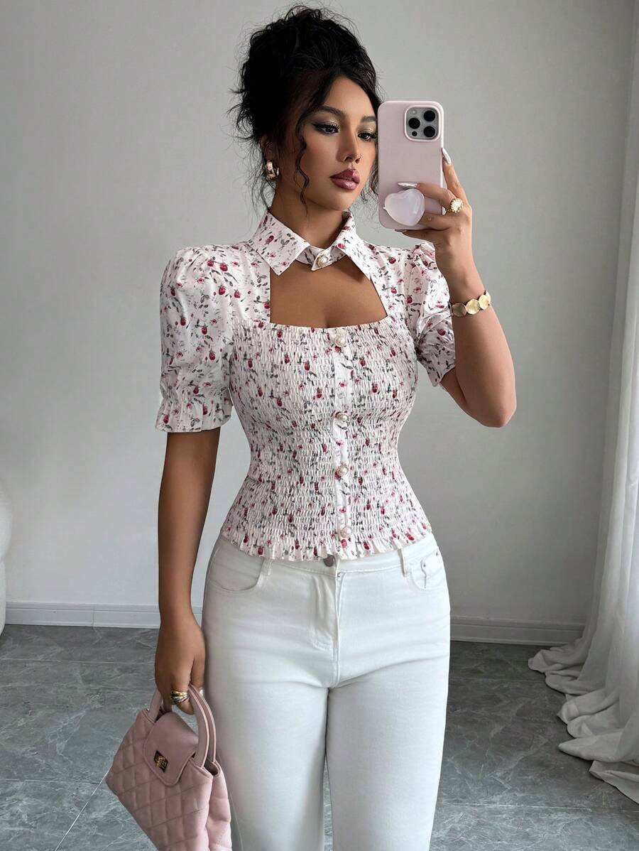 Elenzga 女式碎花泡泡袖修身马球领衬衫 - 彩色 - 查看 1