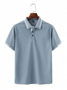 Manfinity Homme Áo thun polo nam tay ngắn kẻ sọc thường ngày/đi làm - Màu xanh bụi bặm - Xem 5
