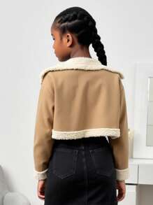 SHEIN Tween 女童休闲长袖立领夹克，秋冬 - 卡其色 - 查看 2