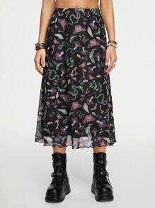 ROMWE Fairycore Women's Butterfly & Mushroom Print A-Line Fairycore Mini Skirt