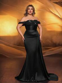 Glamrae 加大码优雅奢华露肩亮片拼布弹力缎面褶皱不对称鱼尾下摆连衣裙，适合婚礼、派对、活动、宴会 - 黑色 - 查看 6