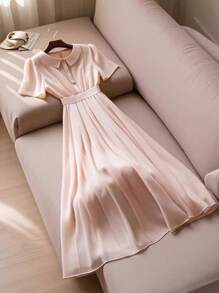 Franclia Đầm tay bồng màu trơn thanh lịch cho nữ, mùa hè - Hồng - Xem 1