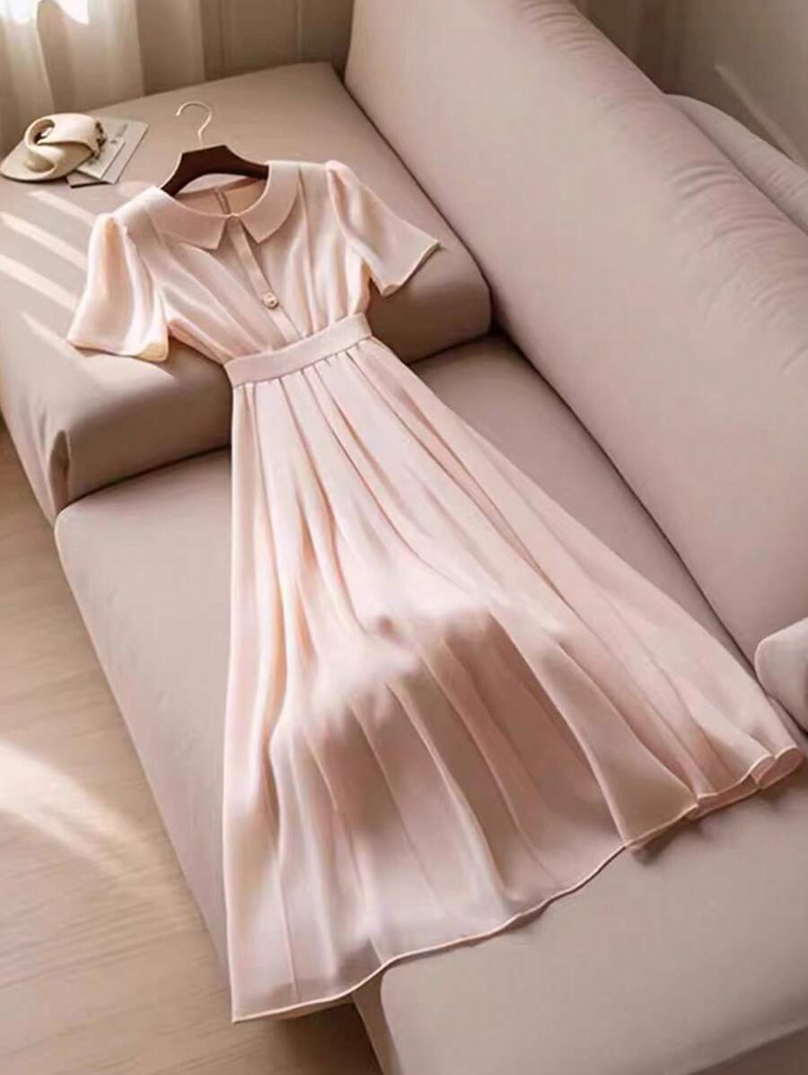 Franclia Đầm tay bồng màu trơn thanh lịch cho nữ, mùa hè - Hồng - Xem 1